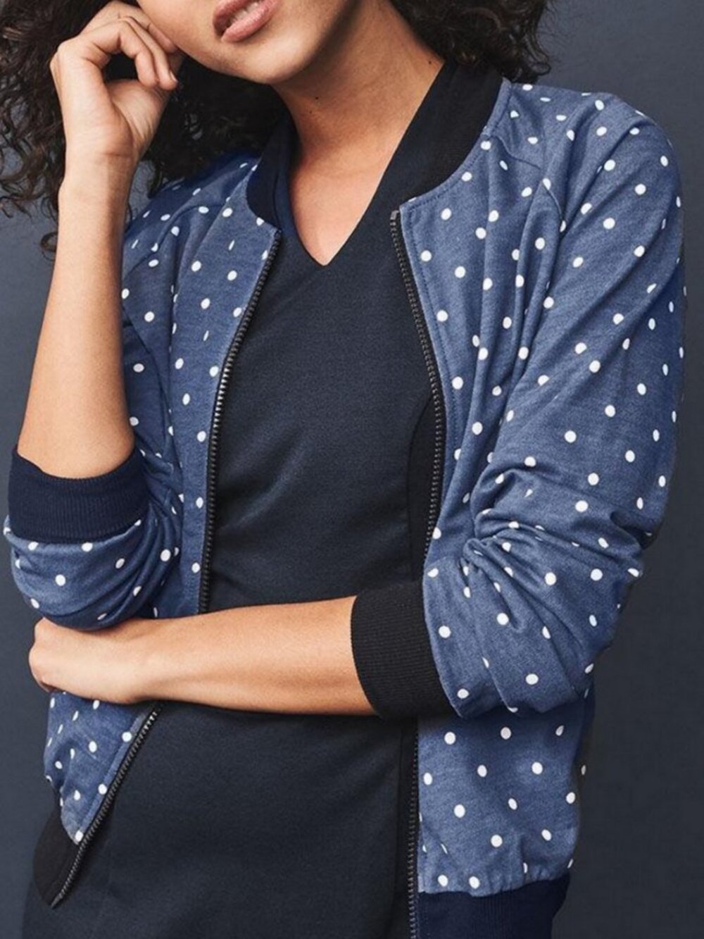 ModCloth Seen Around Down Polka Dot Bomber Jacket
